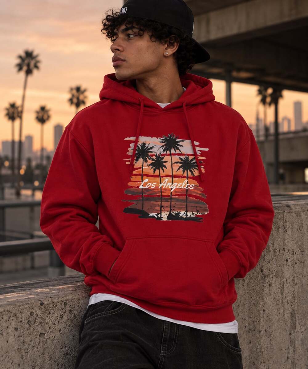 Los Angeles Palm Tree Sunset Graphic Print Red Drawstring Hoodie